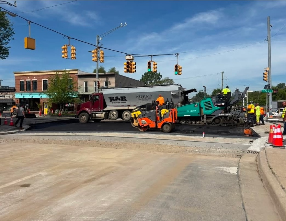 Commercial asphalt paving crew at work